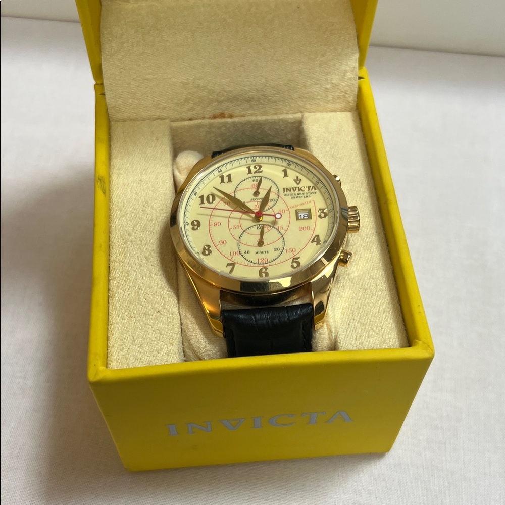 Invicta Gold Case Chronograph Watch W/ Black Strap & Date. Model # 12388